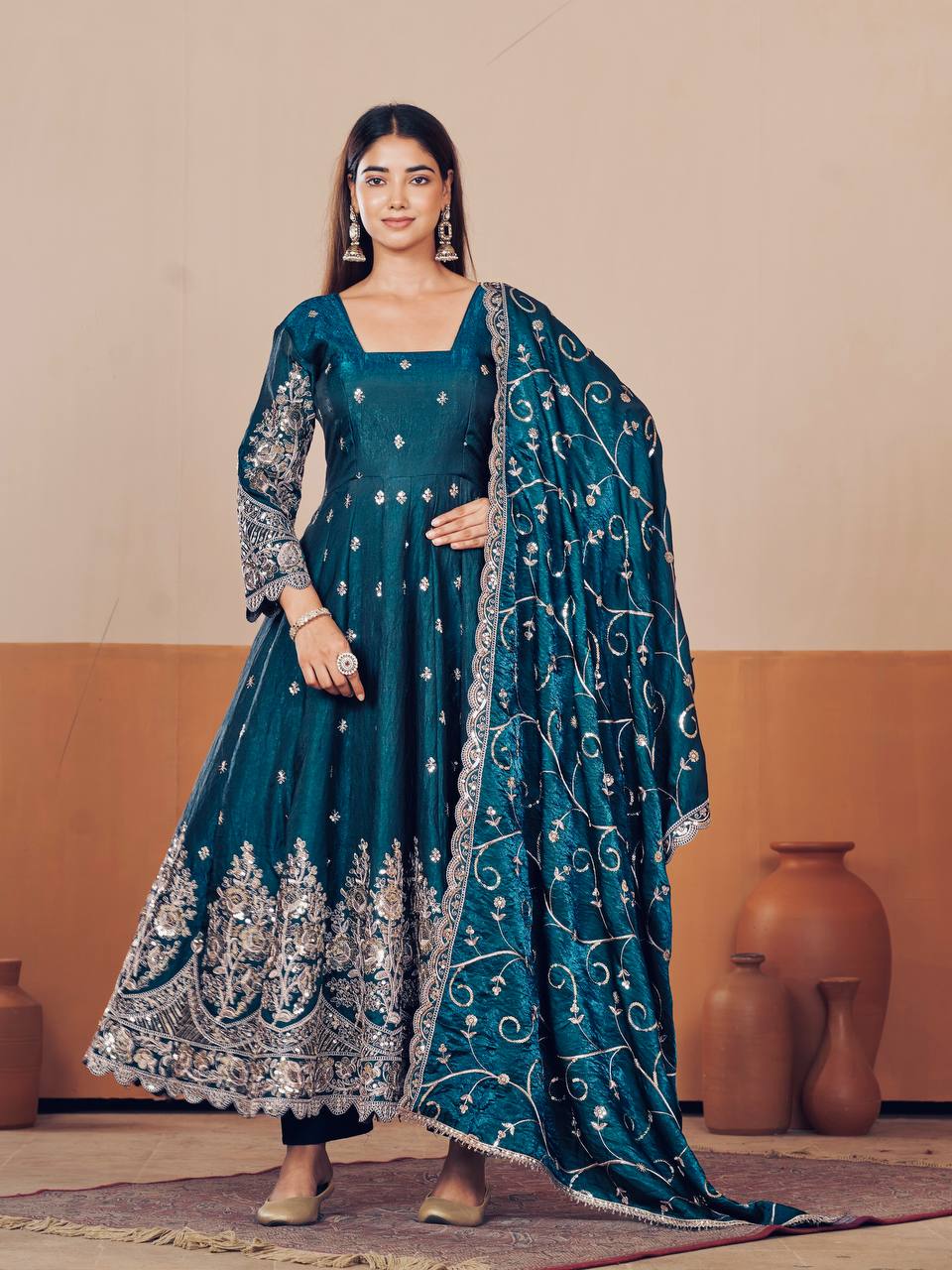 New Designers Jelly Simmer Silk teal blue Anarkali Gown