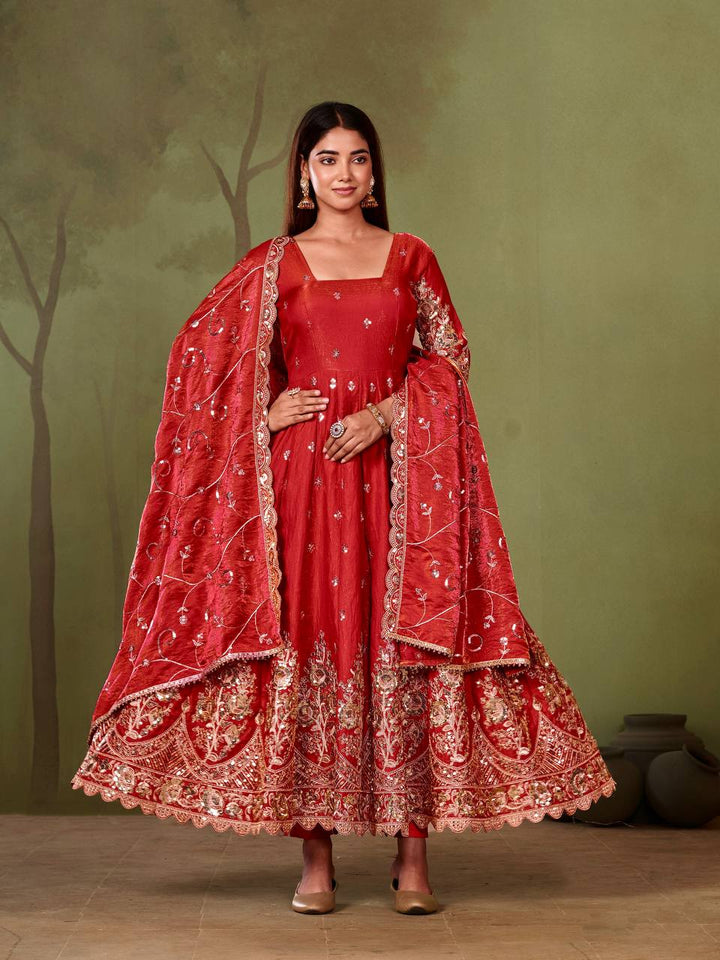 New Designers Jelly Simmer Silk Red Anarkali Gown