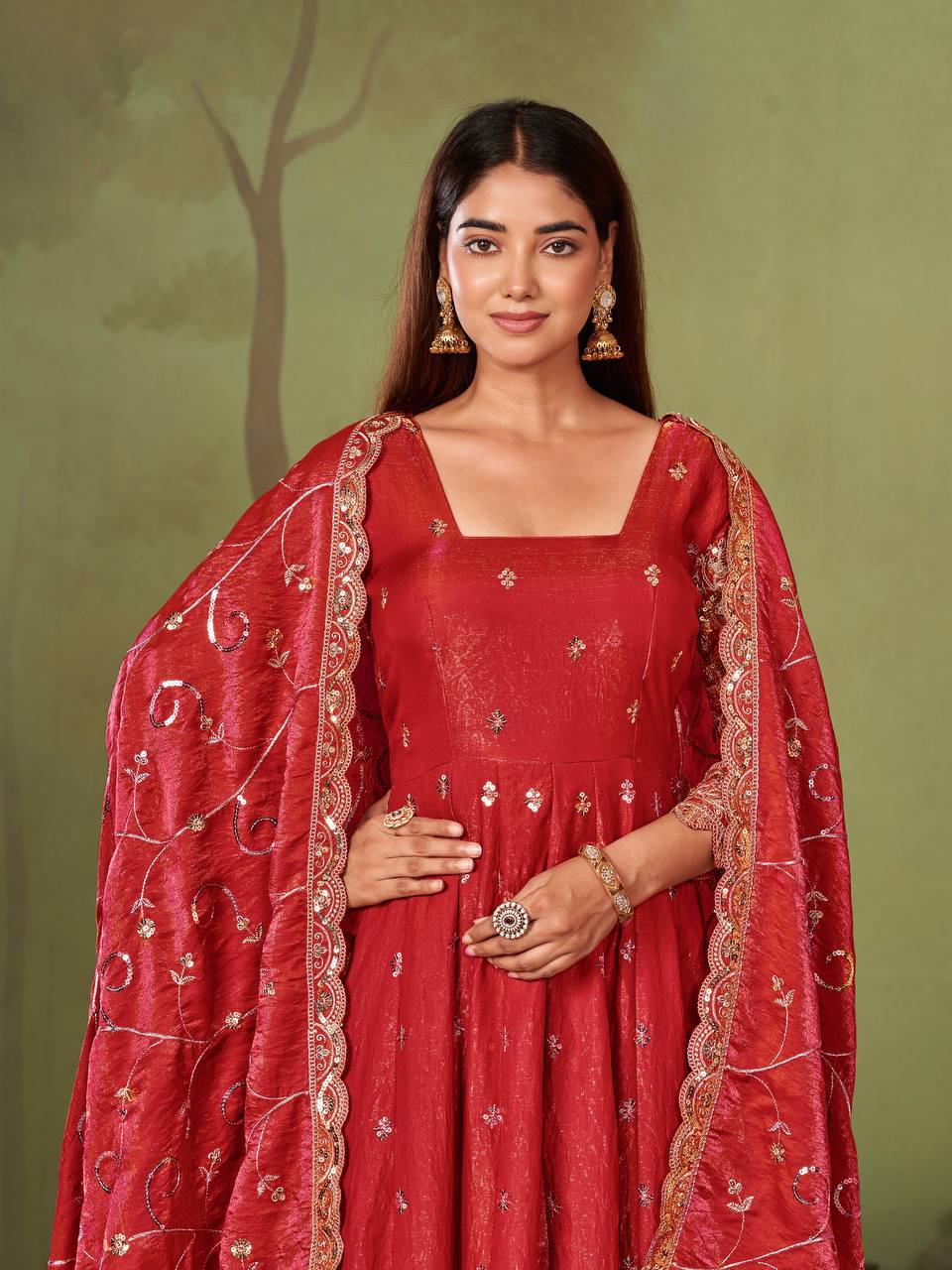New Designers Jelly Simmer Silk Red Anarkali Gown