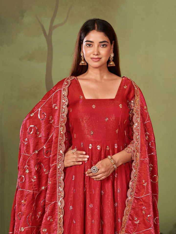 New Designers Jelly Simmer Silk Red Anarkali Gown