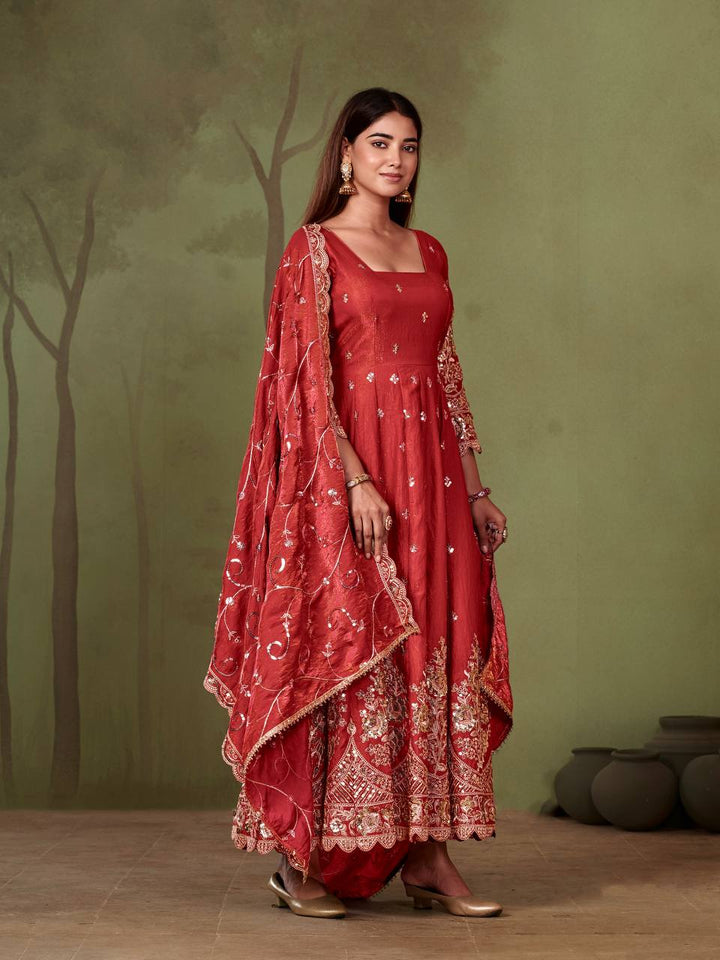 New Designers Jelly Simmer Silk Red Anarkali Gown