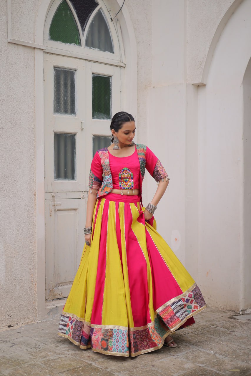 Roman With attractive Maslin Crochet Print Lahengha Choli