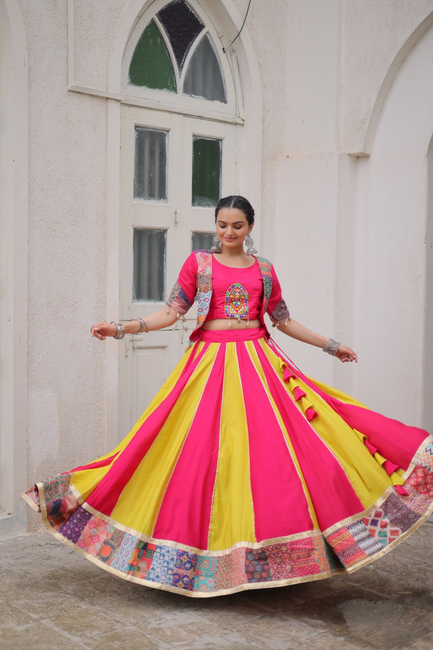 Roman With attractive Maslin Crochet Print Lahengha Choli