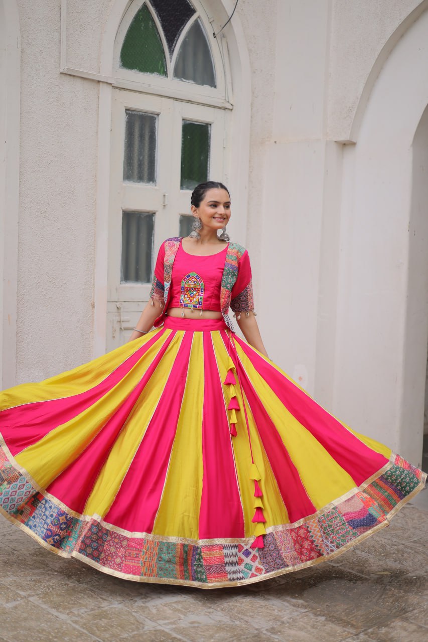 Roman With attractive Maslin Crochet Print Lahengha Choli