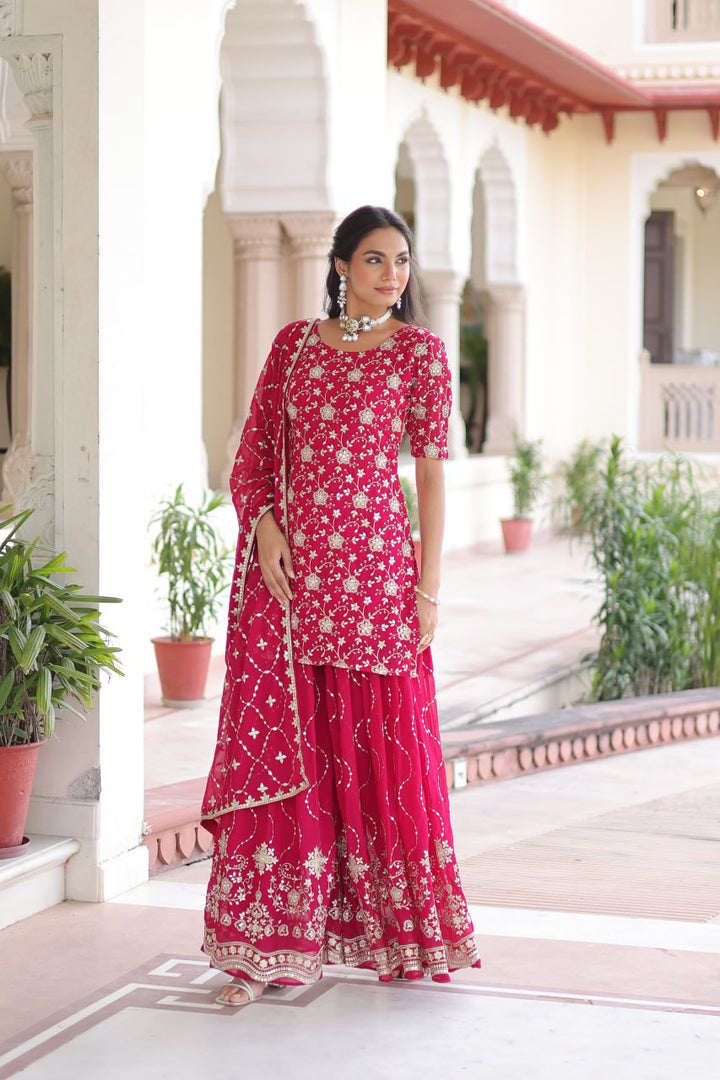 Faux Georgette with Rich Sequins Embroidered Red Sharara Set