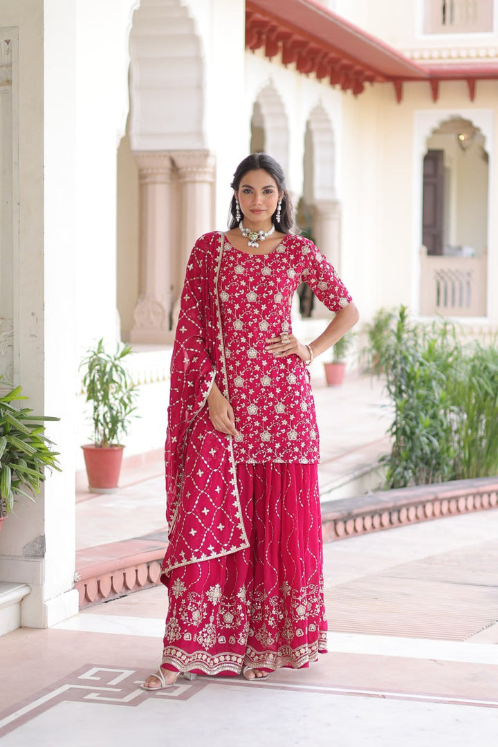 Faux Georgette with Rich Sequins Embroidered Red Sharara Set