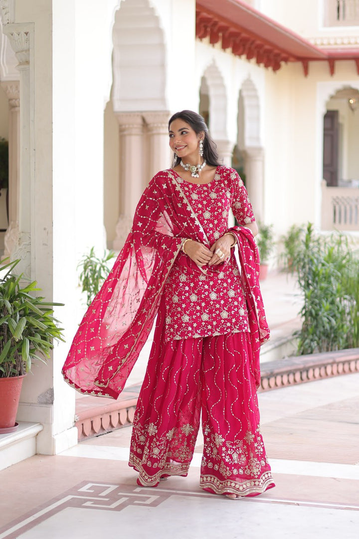 Faux Georgette with Rich Sequins Embroidered Red Sharara Set