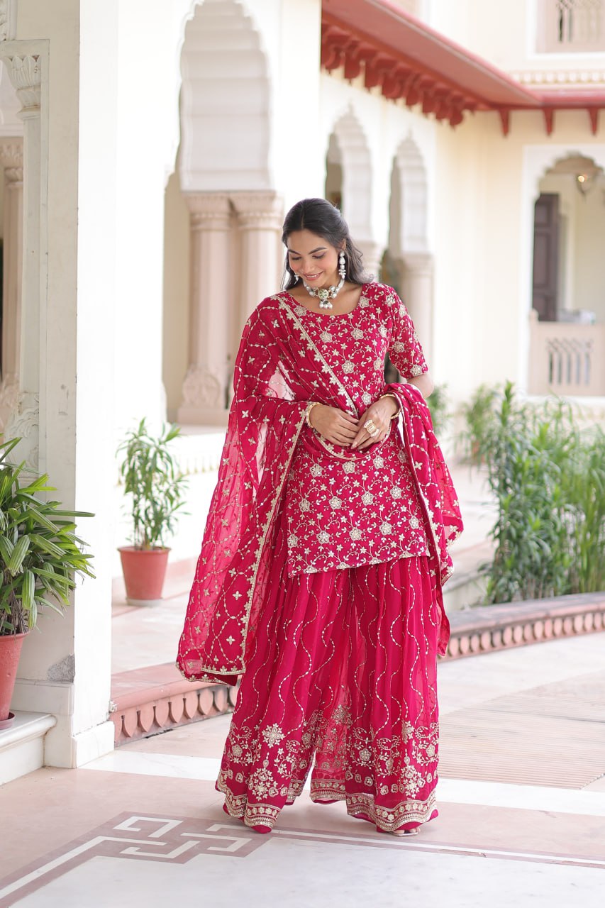 Faux Georgette with Rich Sequins Embroidered Red Sharara Set