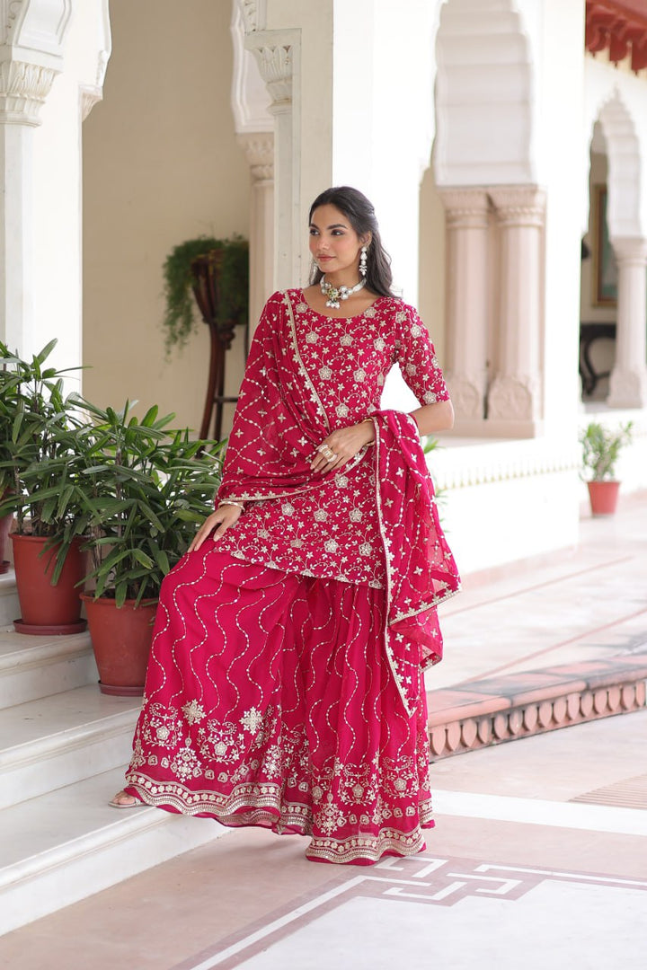 Faux Georgette with Rich Sequins Embroidered Red Sharara Set