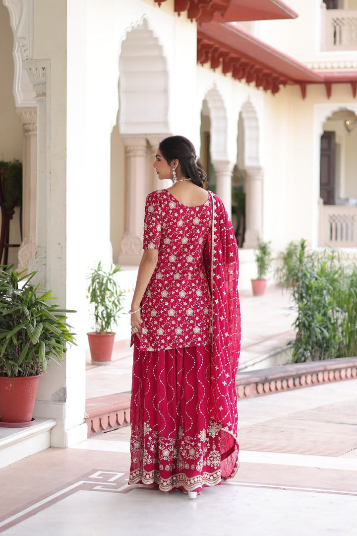 Faux Georgette with Rich Sequins Embroidered Red Sharara Set