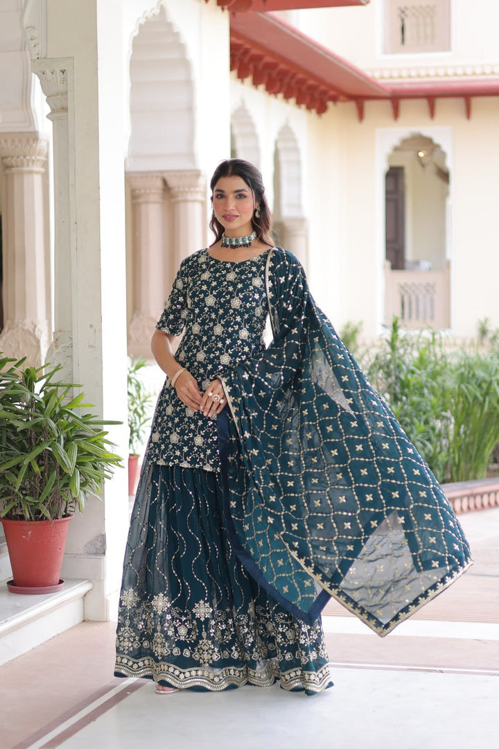 Faux Georgette with Rich Sequins Embroidered Sharara Set