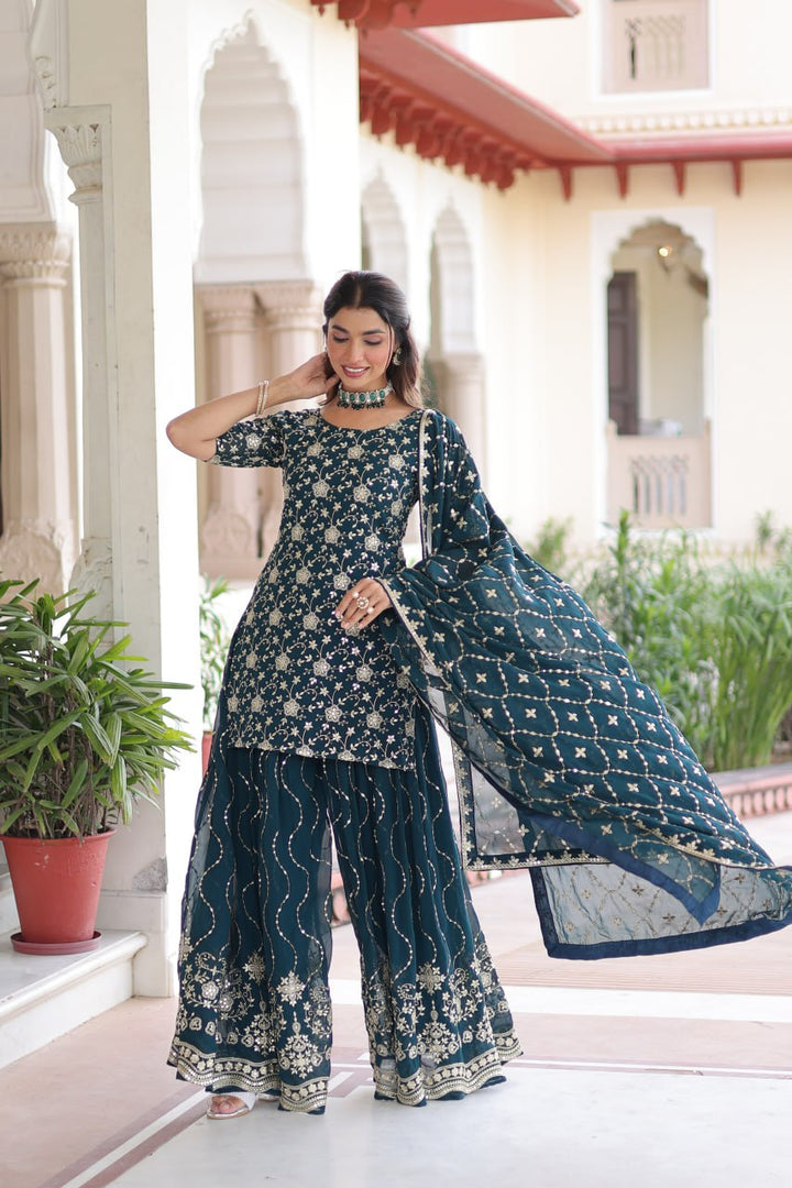 Faux Georgette with Rich Sequins Embroidered Sharara Set