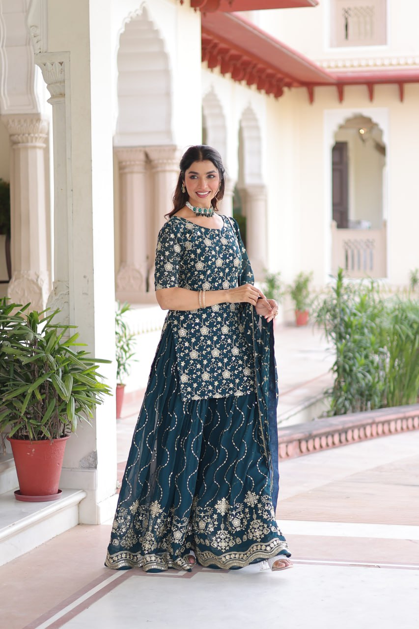 Faux Georgette with Rich Sequins Embroidered Sharara Set
