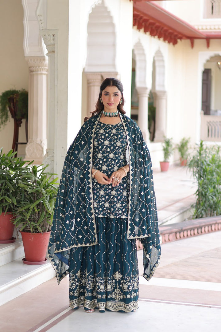 Faux Georgette with Rich Sequins Embroidered Sharara Set