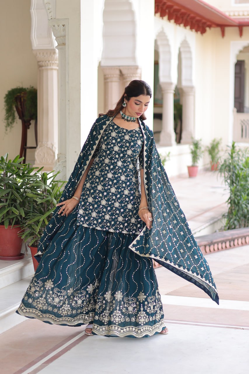 Faux Georgette with Rich Sequins Embroidered Sharara Set