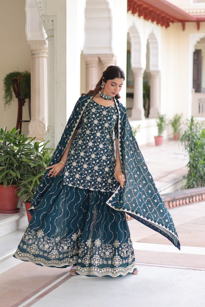 Faux Georgette with Rich Sequins Embroidered Sharara Set