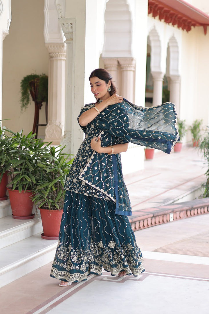 Faux Georgette with Rich Sequins Embroidered Sharara Set