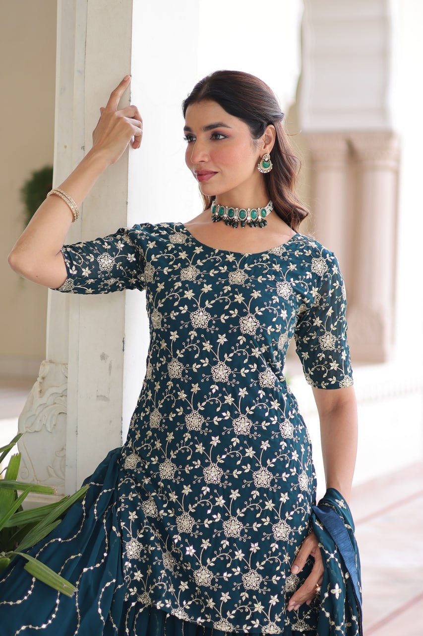 Faux Georgette with Rich Sequins Embroidered Sharara Set