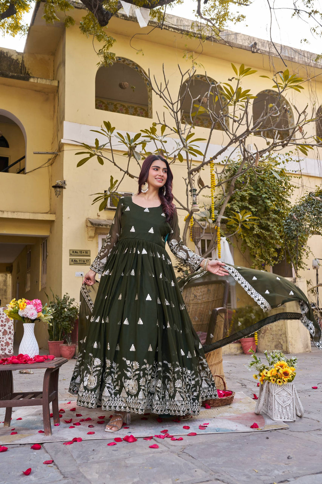 Green anarkali Desinger Gown Dupatta