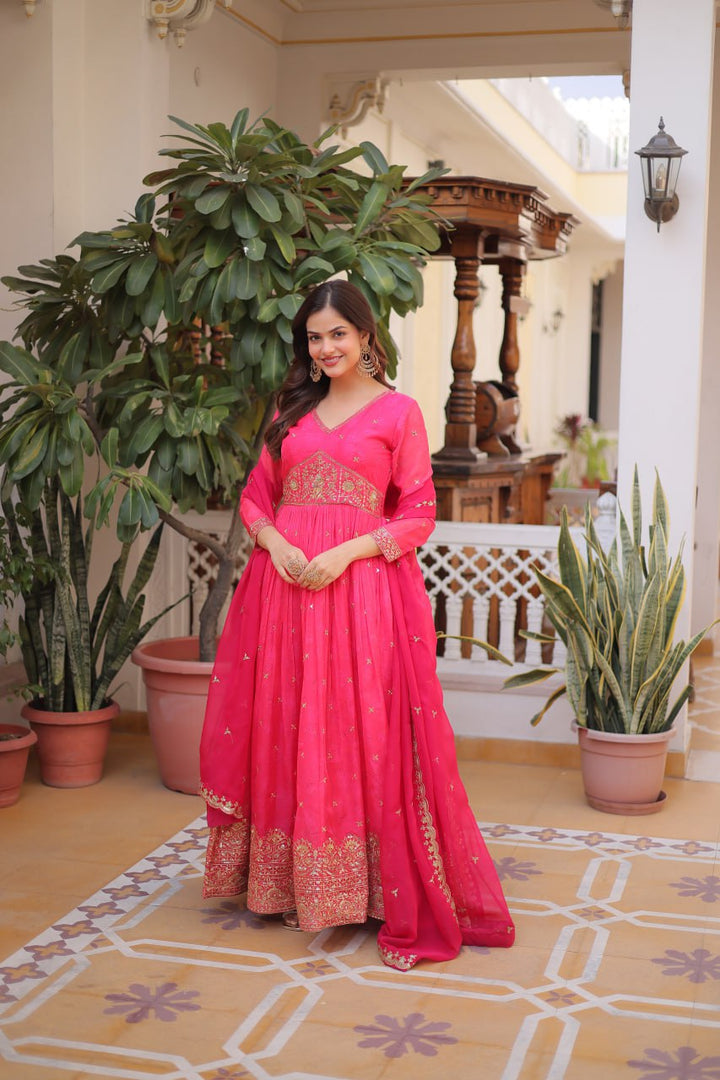 Classic Embroidery Pink Anarkali Gown