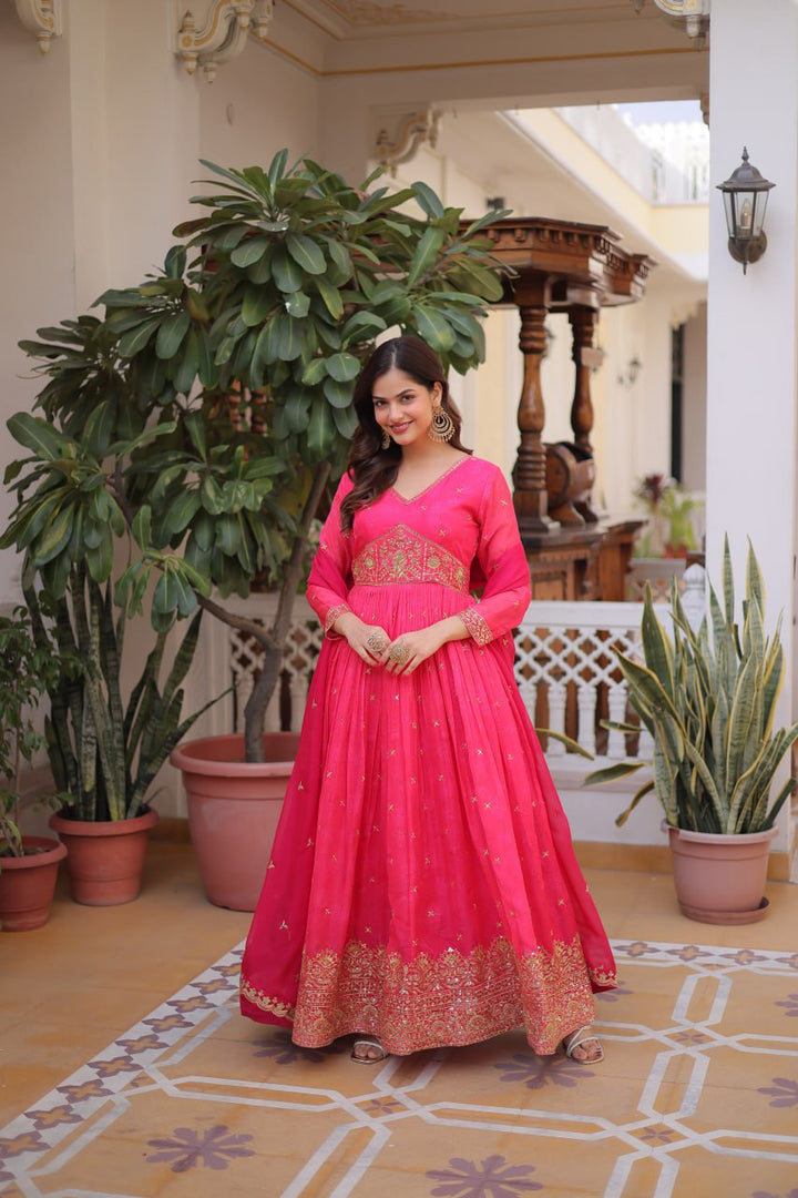 Classic Embroidery Pink Anarkali Gown