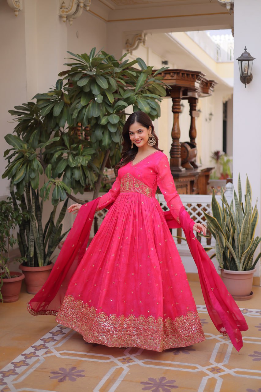 Classic Embroidery Pink Anarkali Gown