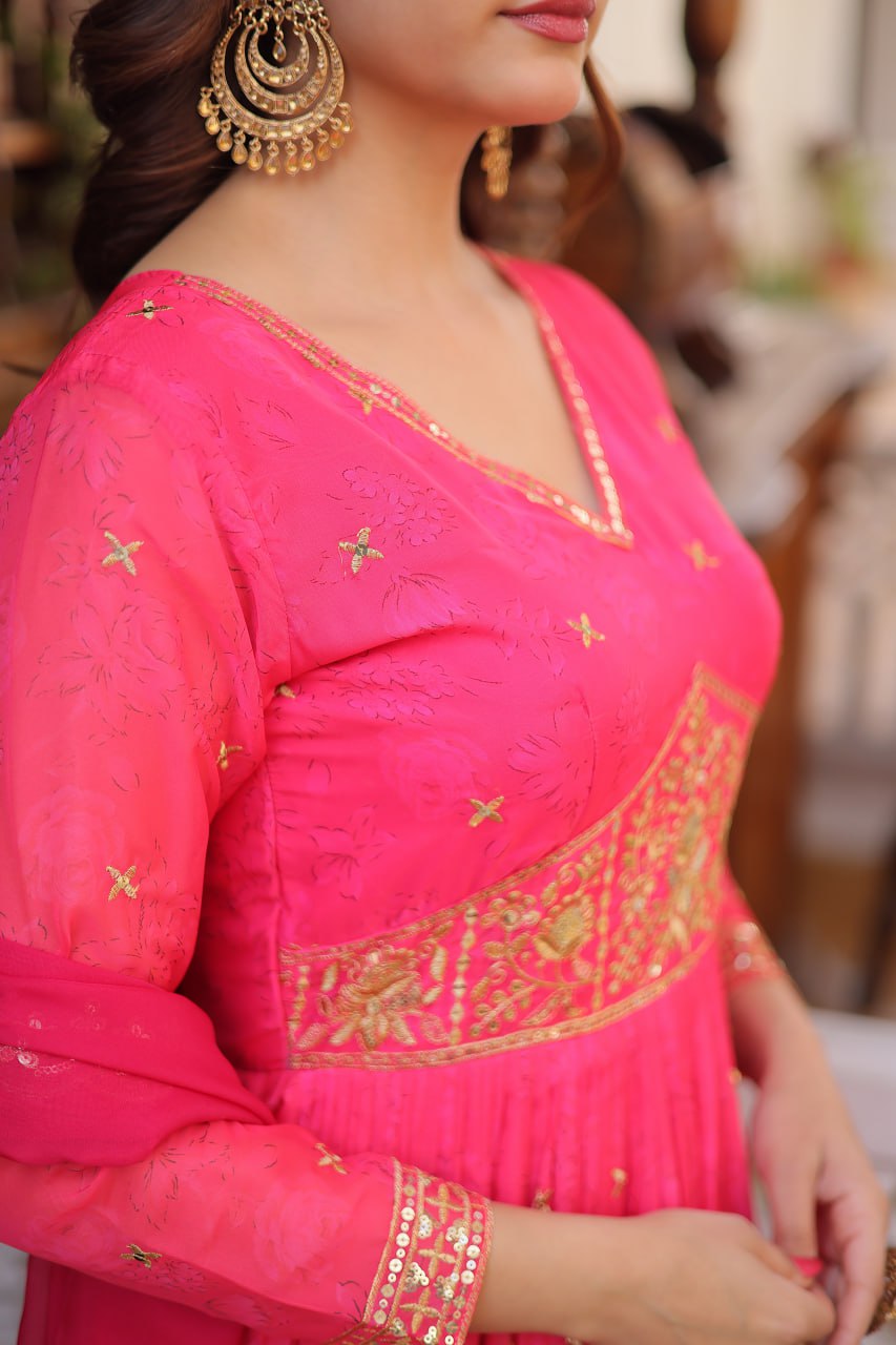 Classic Embroidery Pink Anarkali Gown