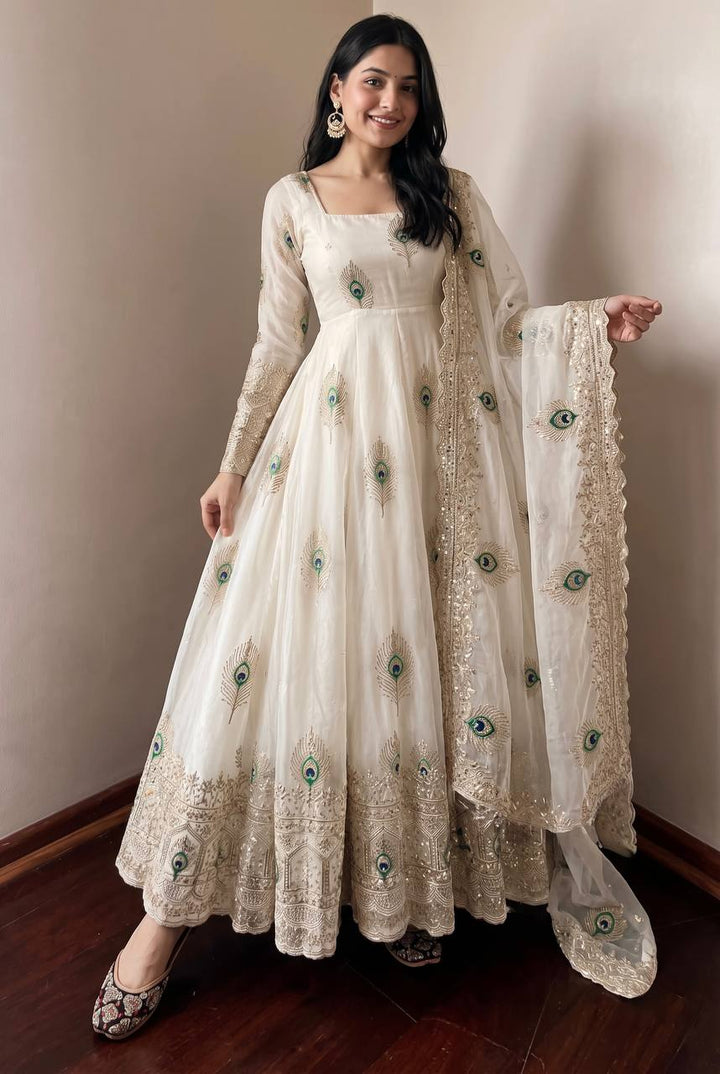Designer Party Wear Anarkali White Gown Set