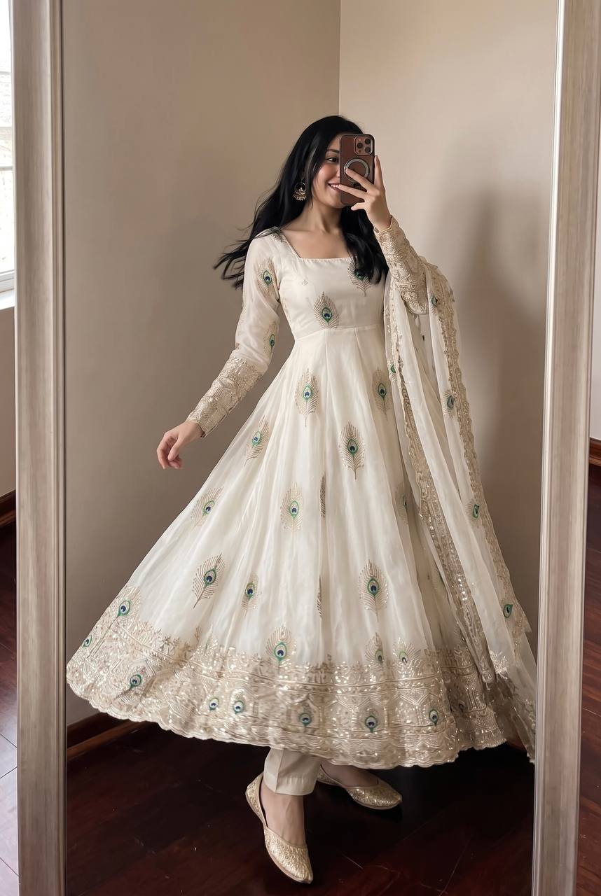 Designer Party Wear Anarkali White Gown Set