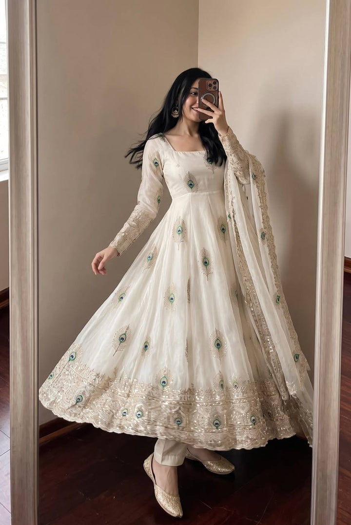 Designer Party Wear Anarkali White Gown Set