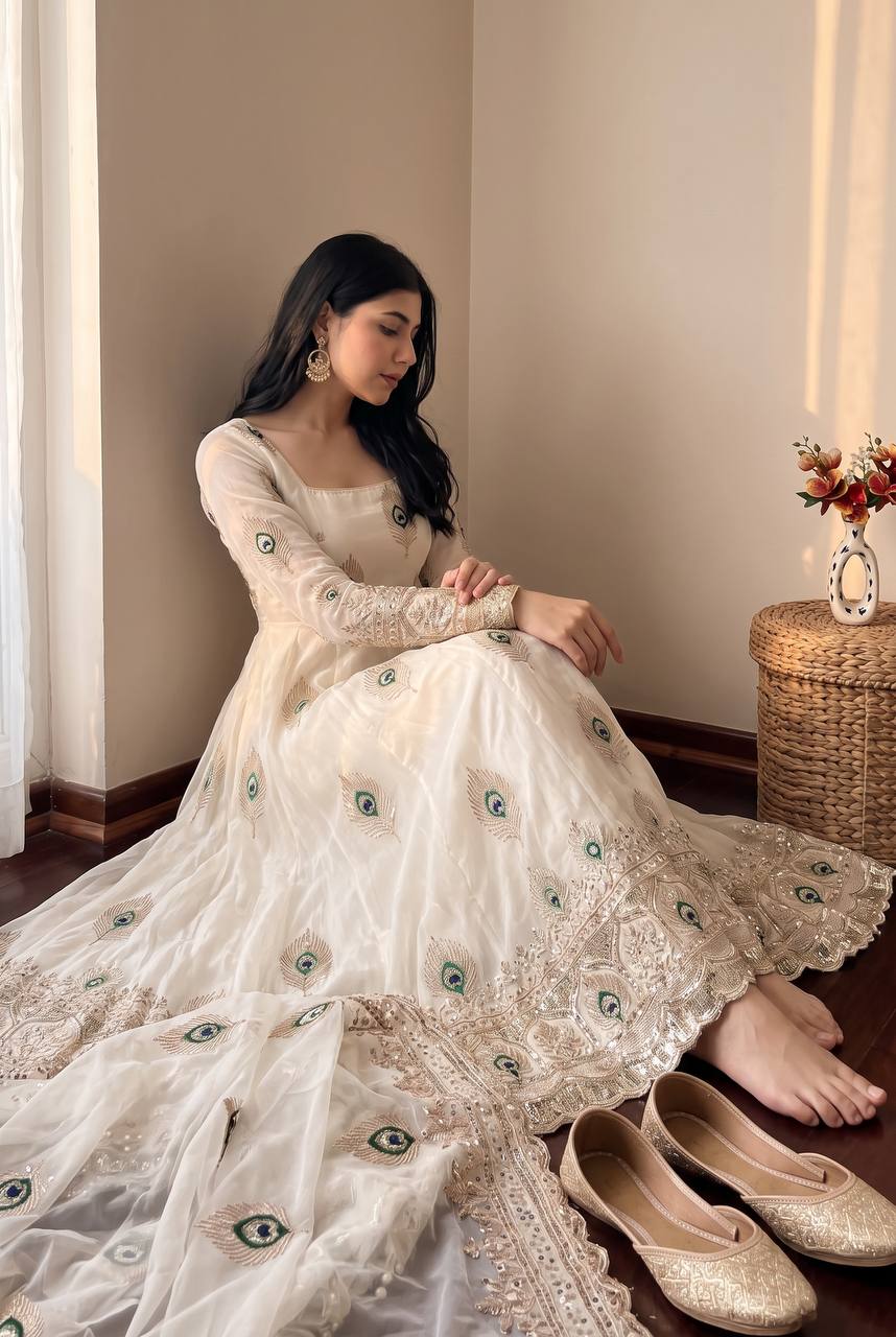 Designer Party Wear Anarkali White Gown Set