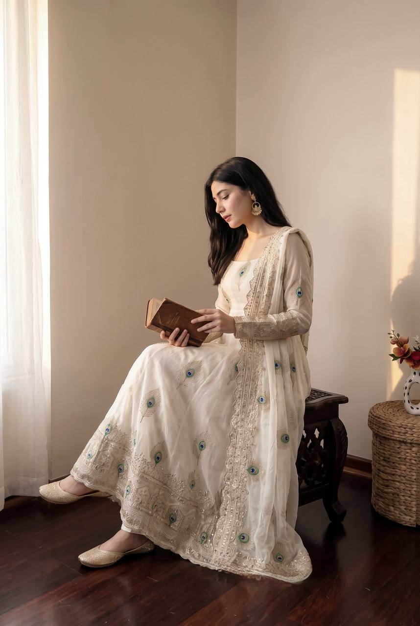 Designer Party Wear Anarkali White Gown Set