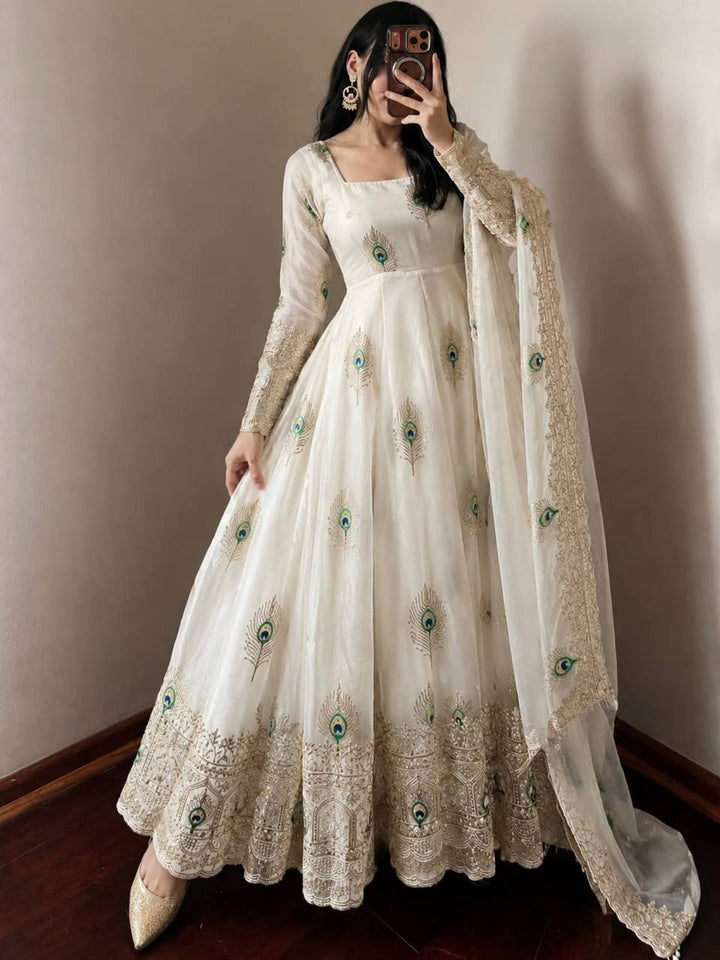 Designer Party Wear Anarkali White Gown Set