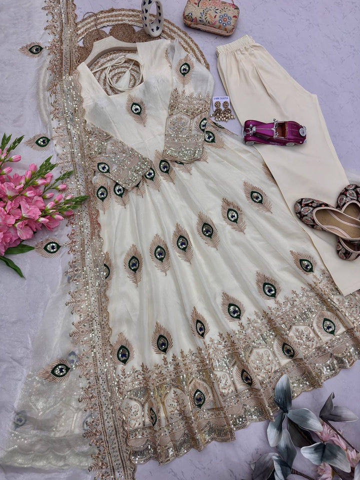 Designer Party Wear Anarkali White Gown Set