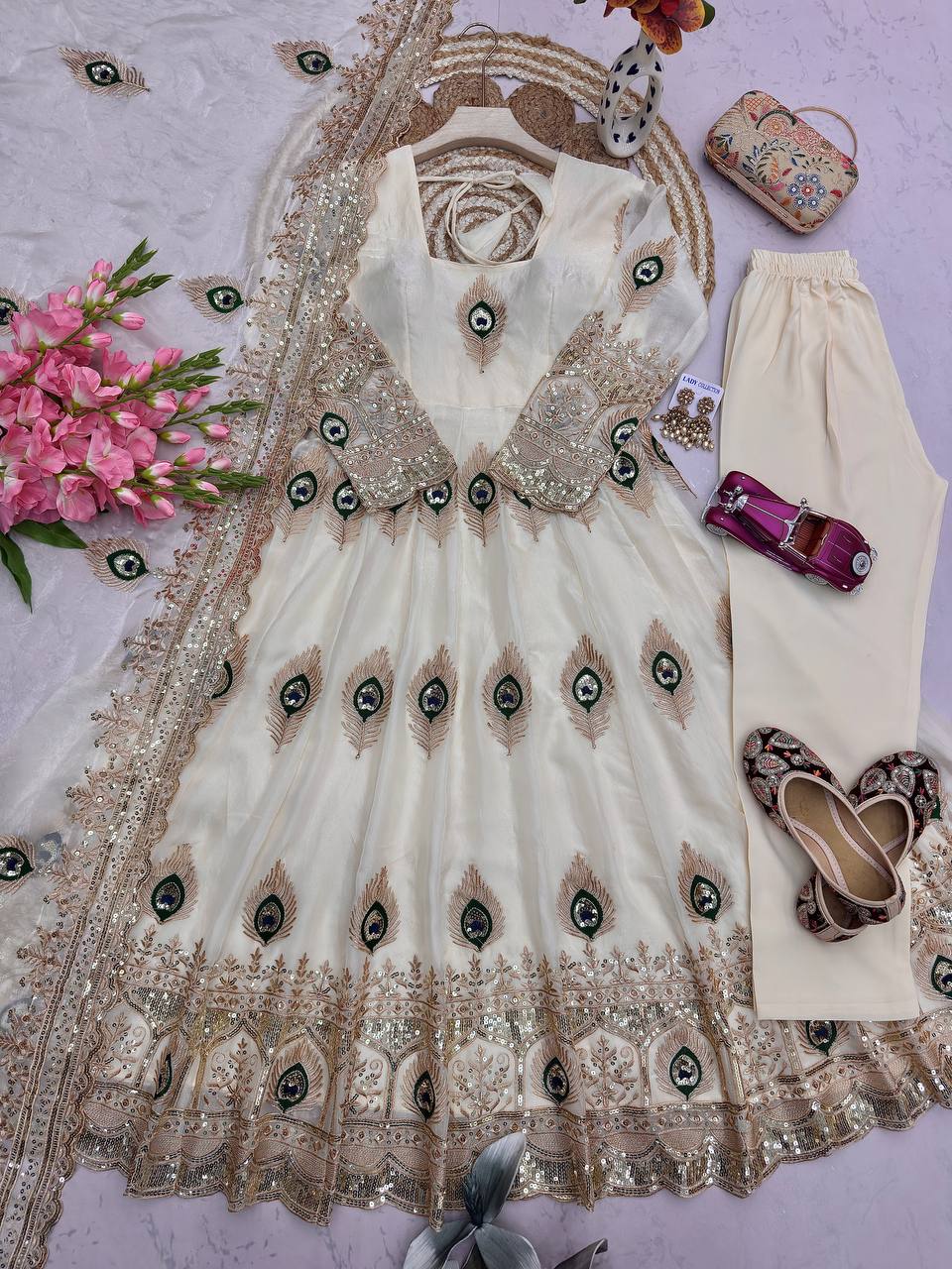 Designer Party Wear Anarkali White Gown Set