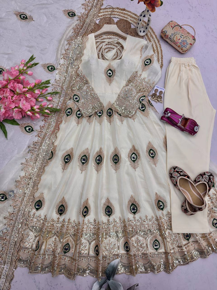 Designer Party Wear Anarkali White Gown Set