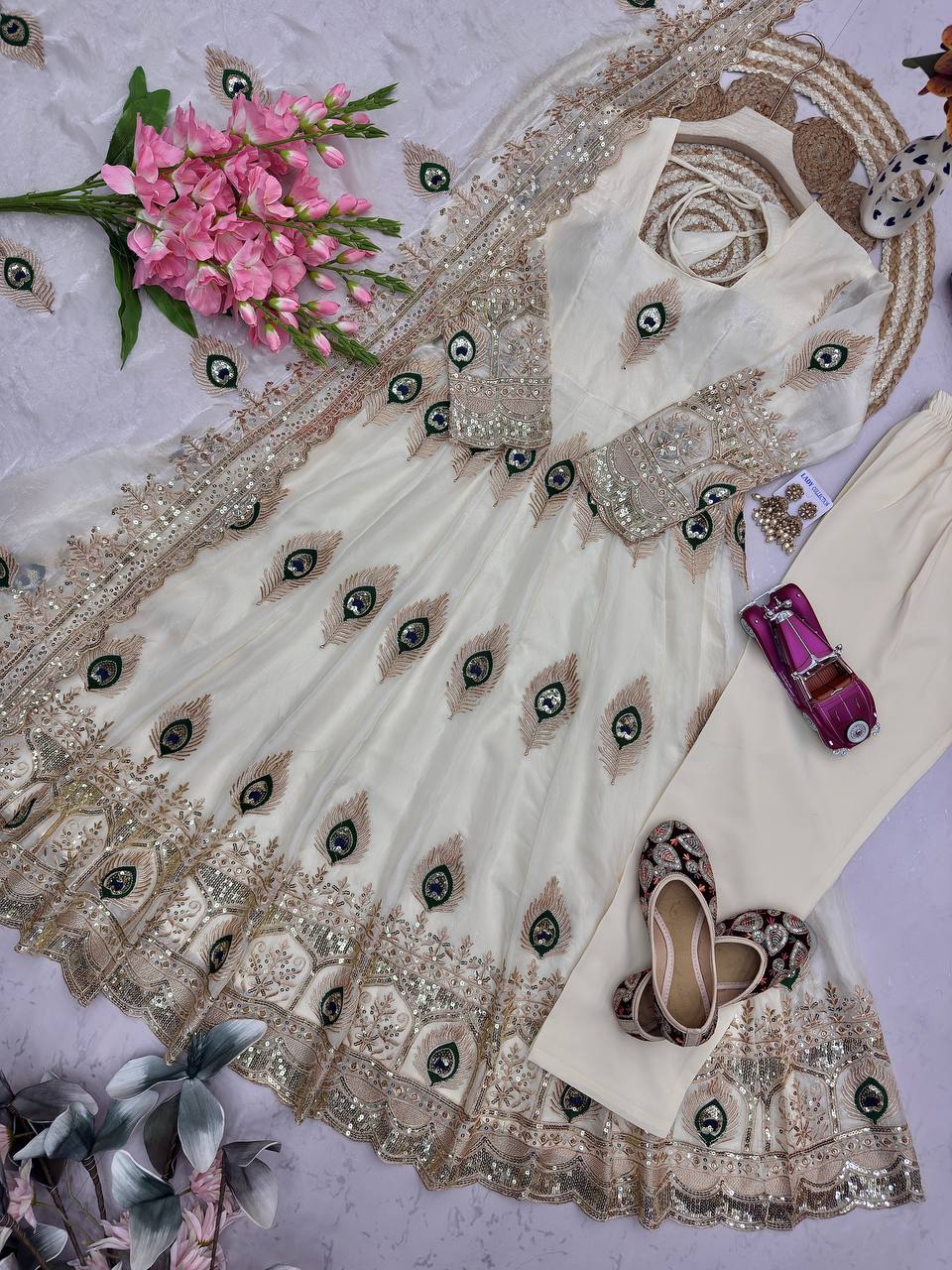 Designer Party Wear Anarkali White Gown Set