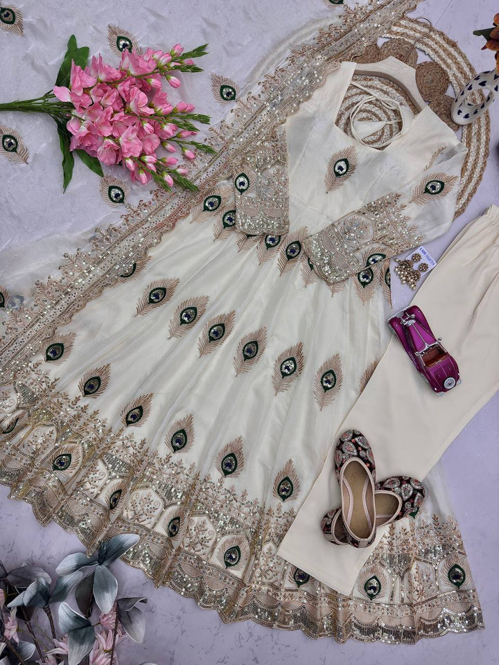 Designer Party Wear Anarkali White Gown Set