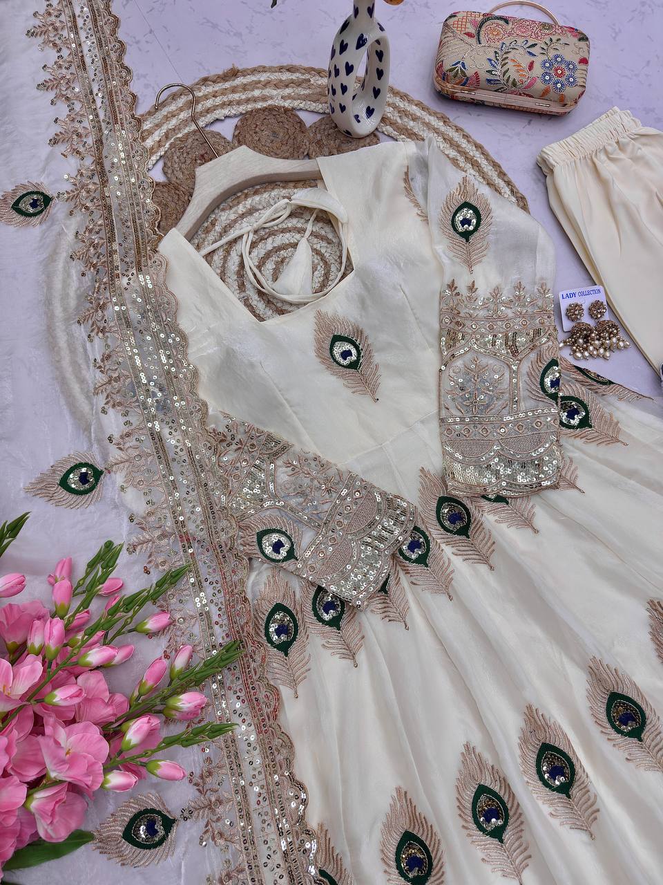 Designer Party Wear Anarkali White Gown Set