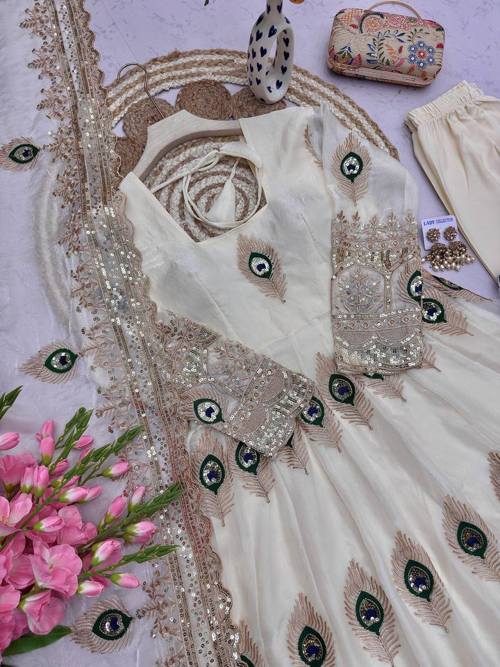 Designer Party Wear Anarkali White Gown Set