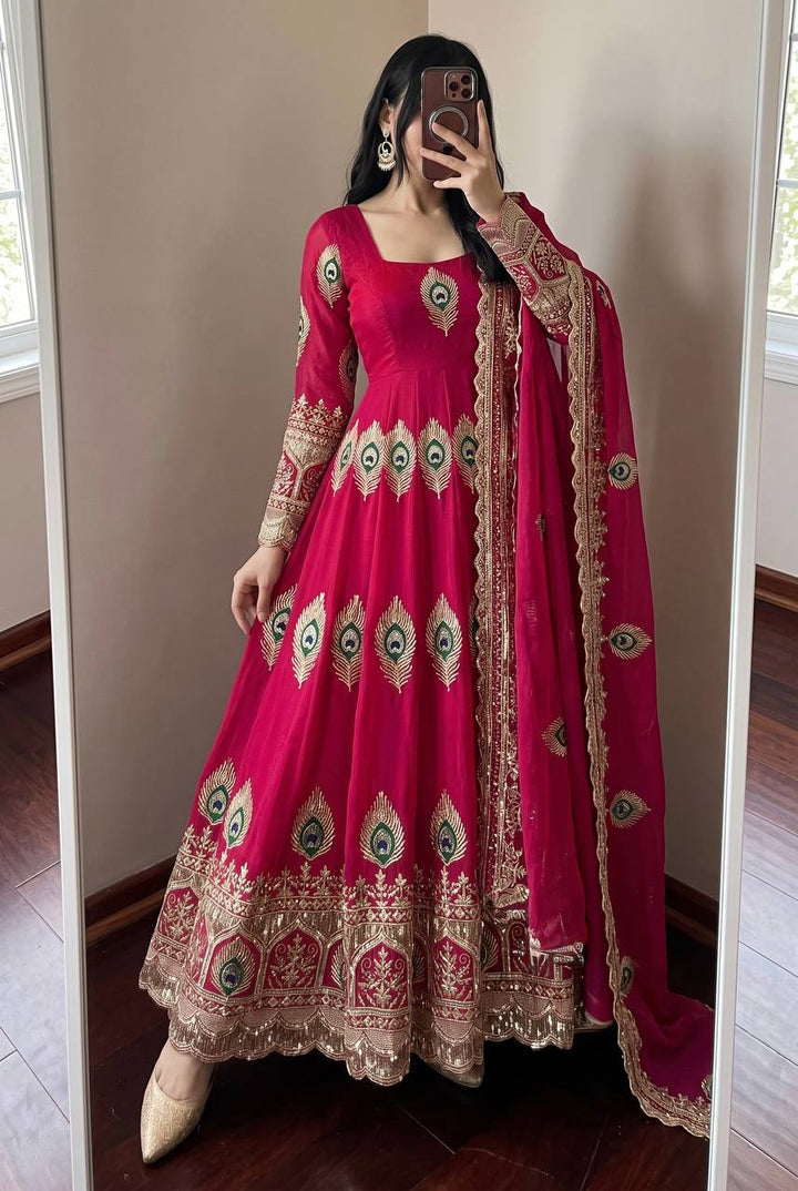 Red Designer Party Wear Anarkali Gown Set