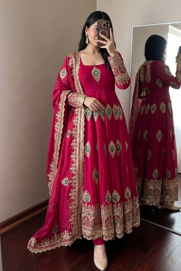 Red Designer Party Wear Anarkali Gown Set