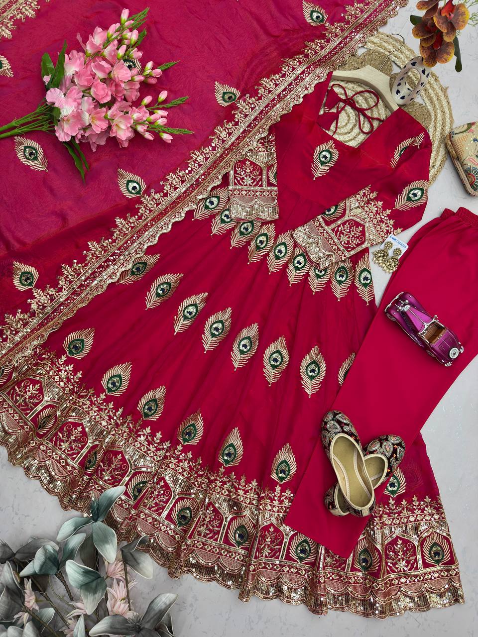 Red Designer Party Wear Anarkali Gown Set