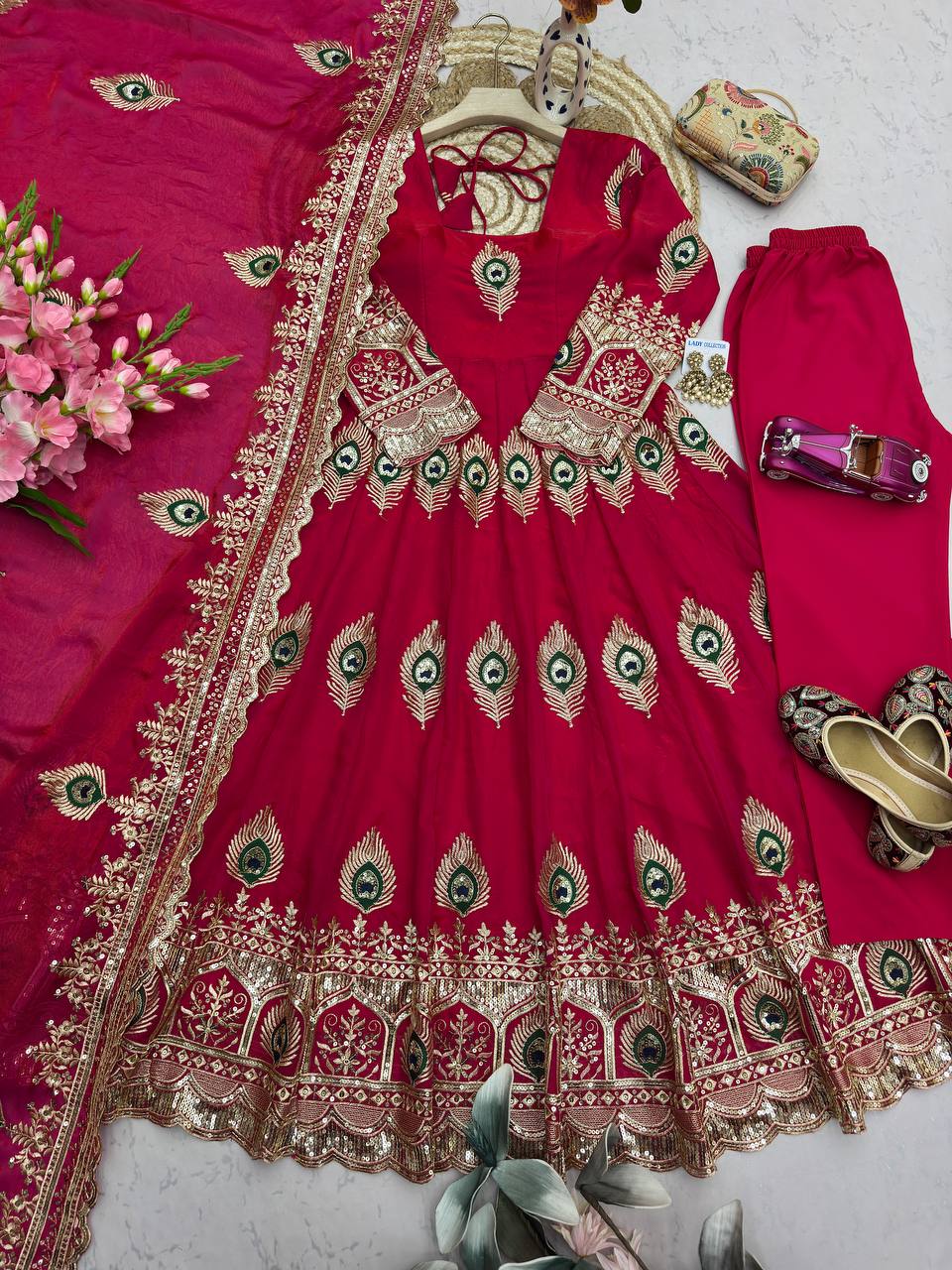 Red Designer Party Wear Anarkali Gown Set
