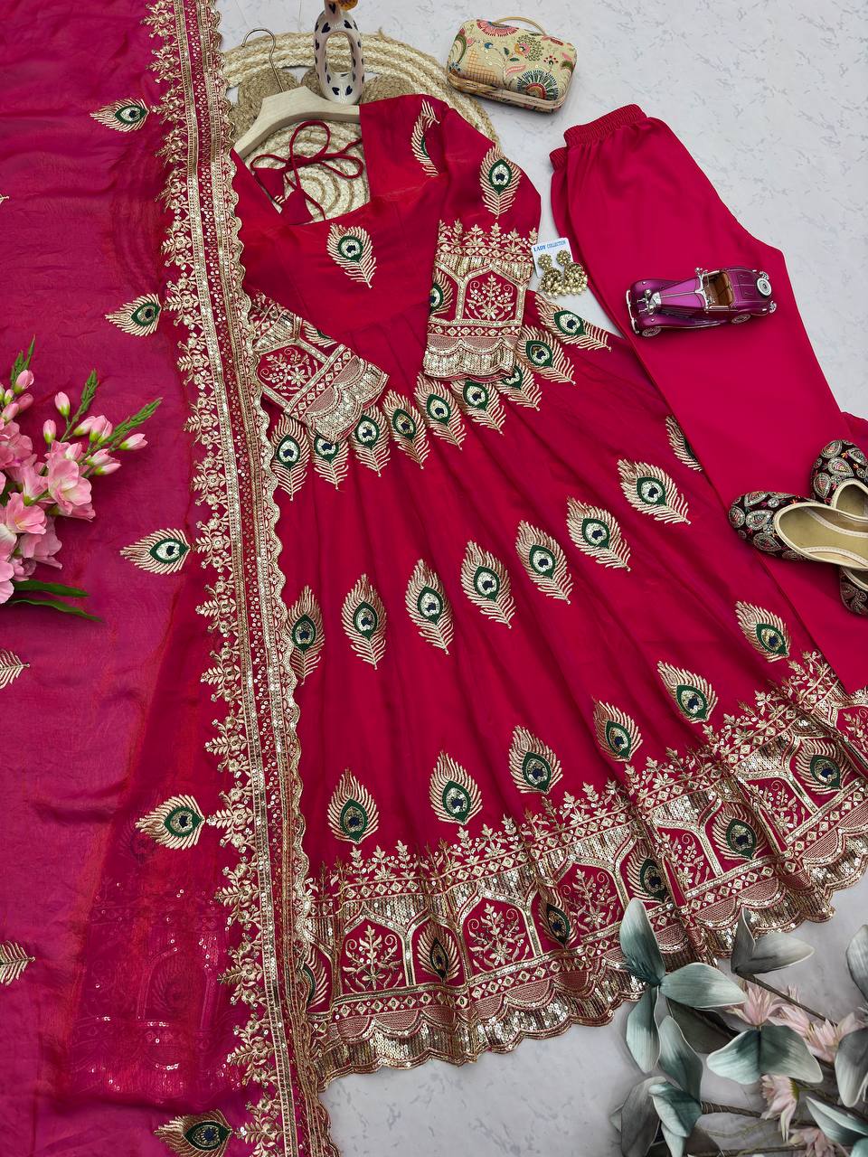 Red Designer Party Wear Anarkali Gown Set