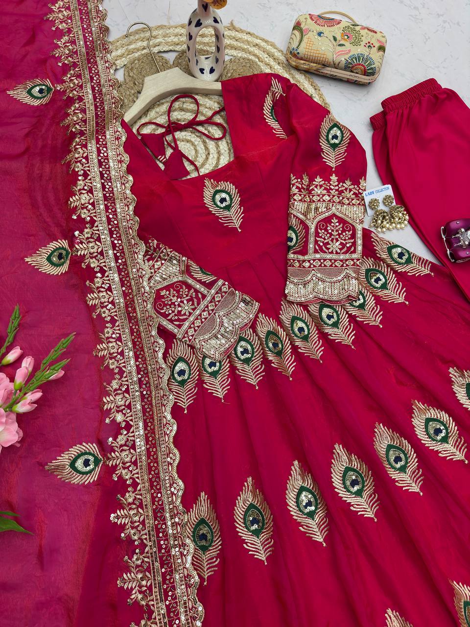 Red Designer Party Wear Anarkali Gown Set