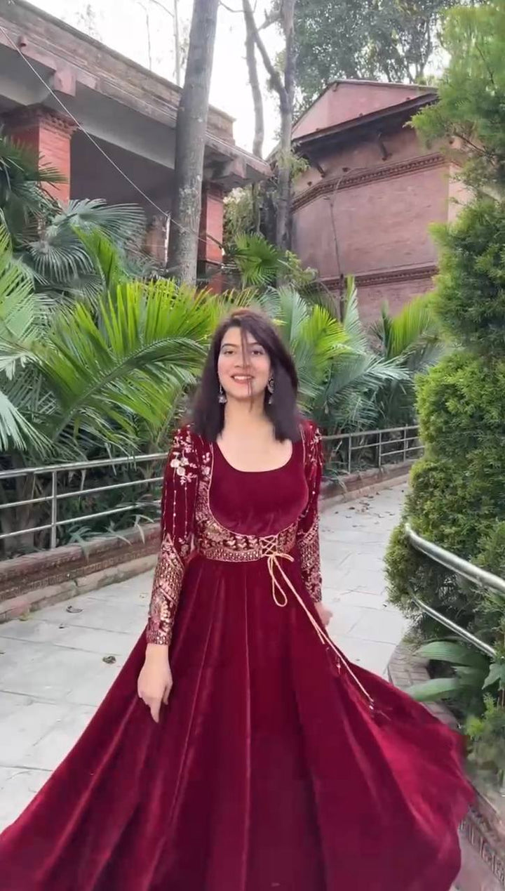 Velvet Anarkali Gown With Koti