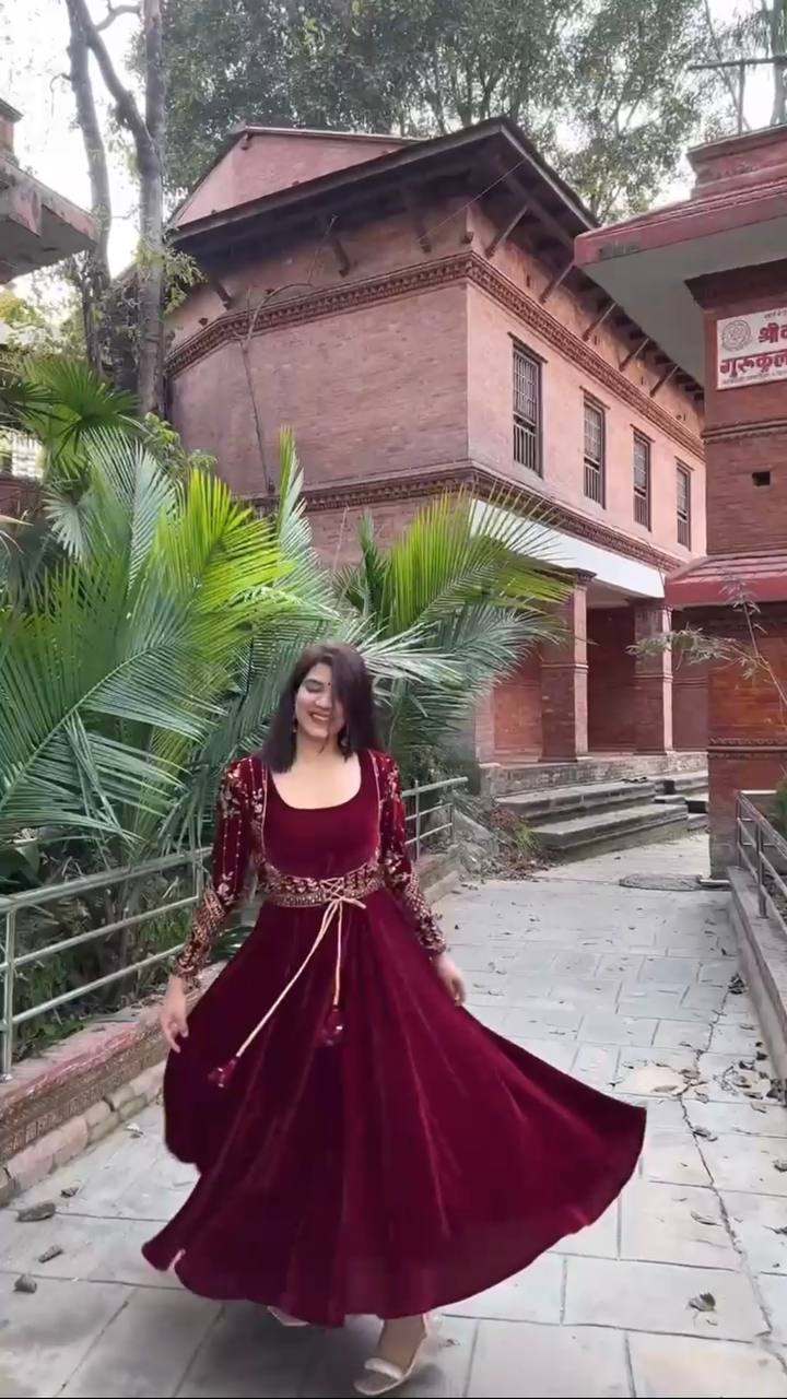 Velvet Anarkali Gown With Koti