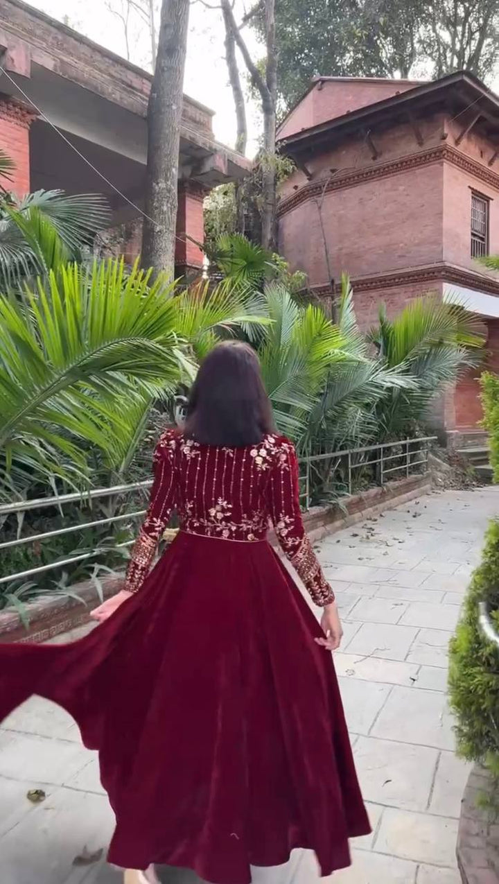 Velvet Anarkali Gown With Koti