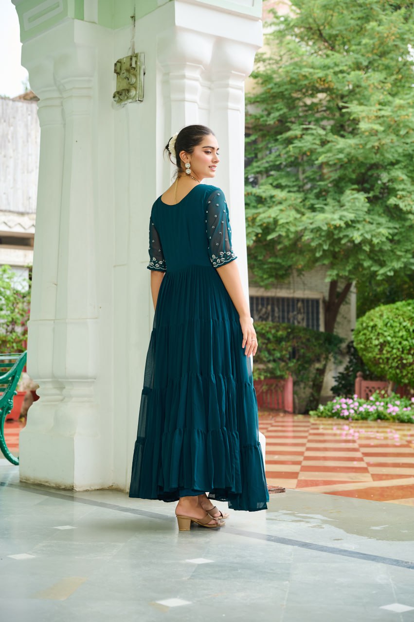Faux Blooming with Beads embroidery work Designer Readymade Gown